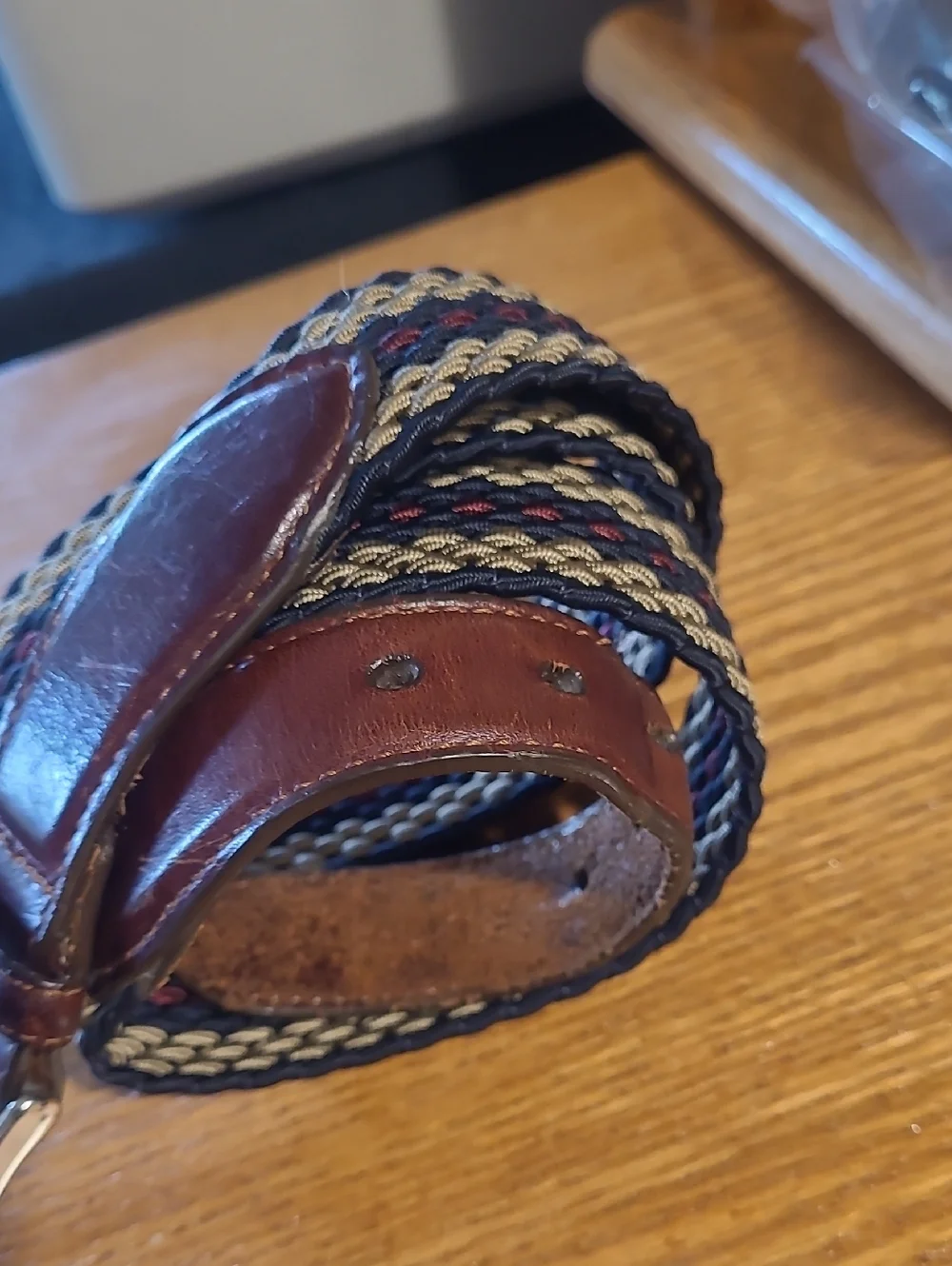 Vintage Brighton Brown Leather Braided Ecru Red Woven Belt, Sz 40